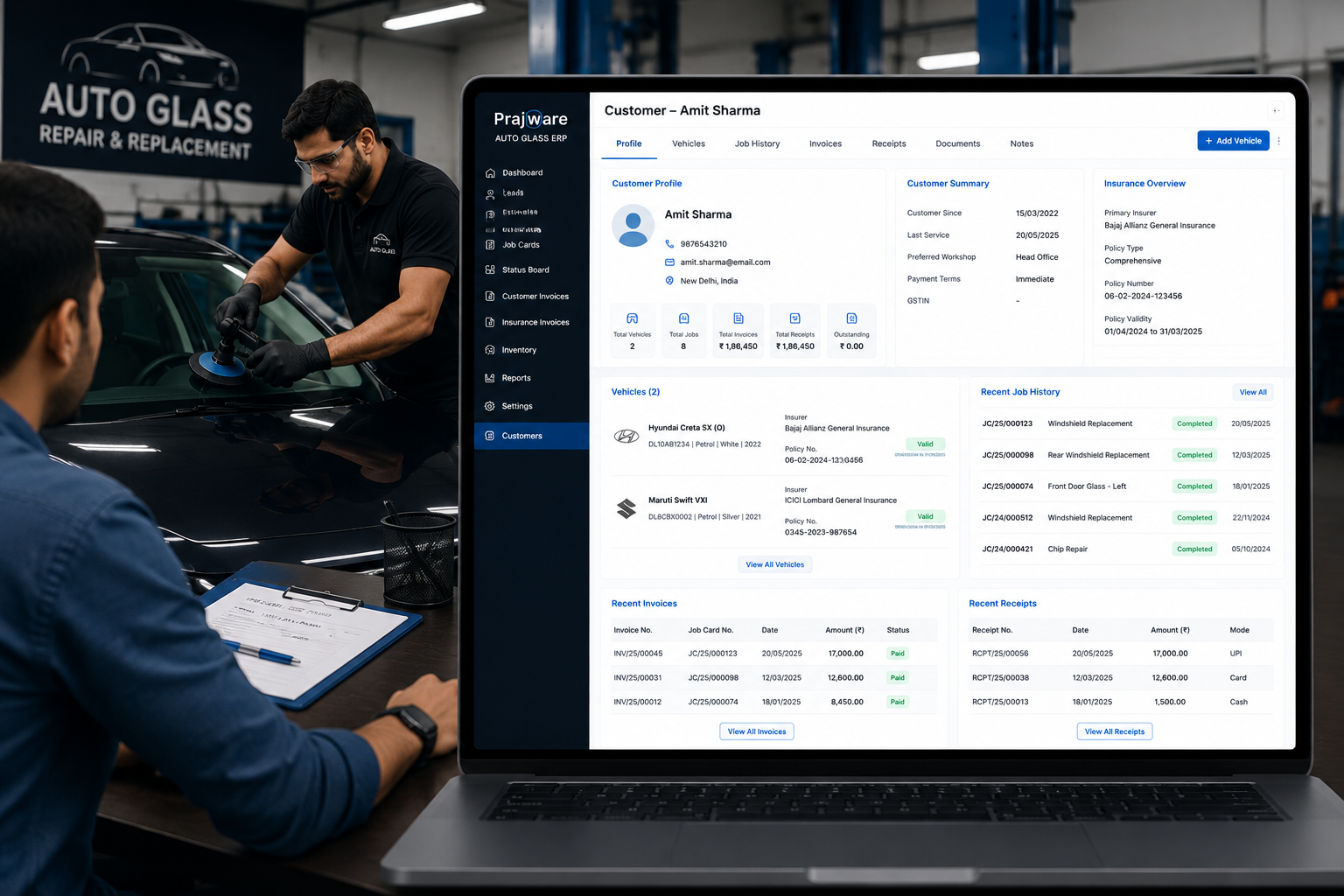 Prajware Auto Glass ERP customer management screen