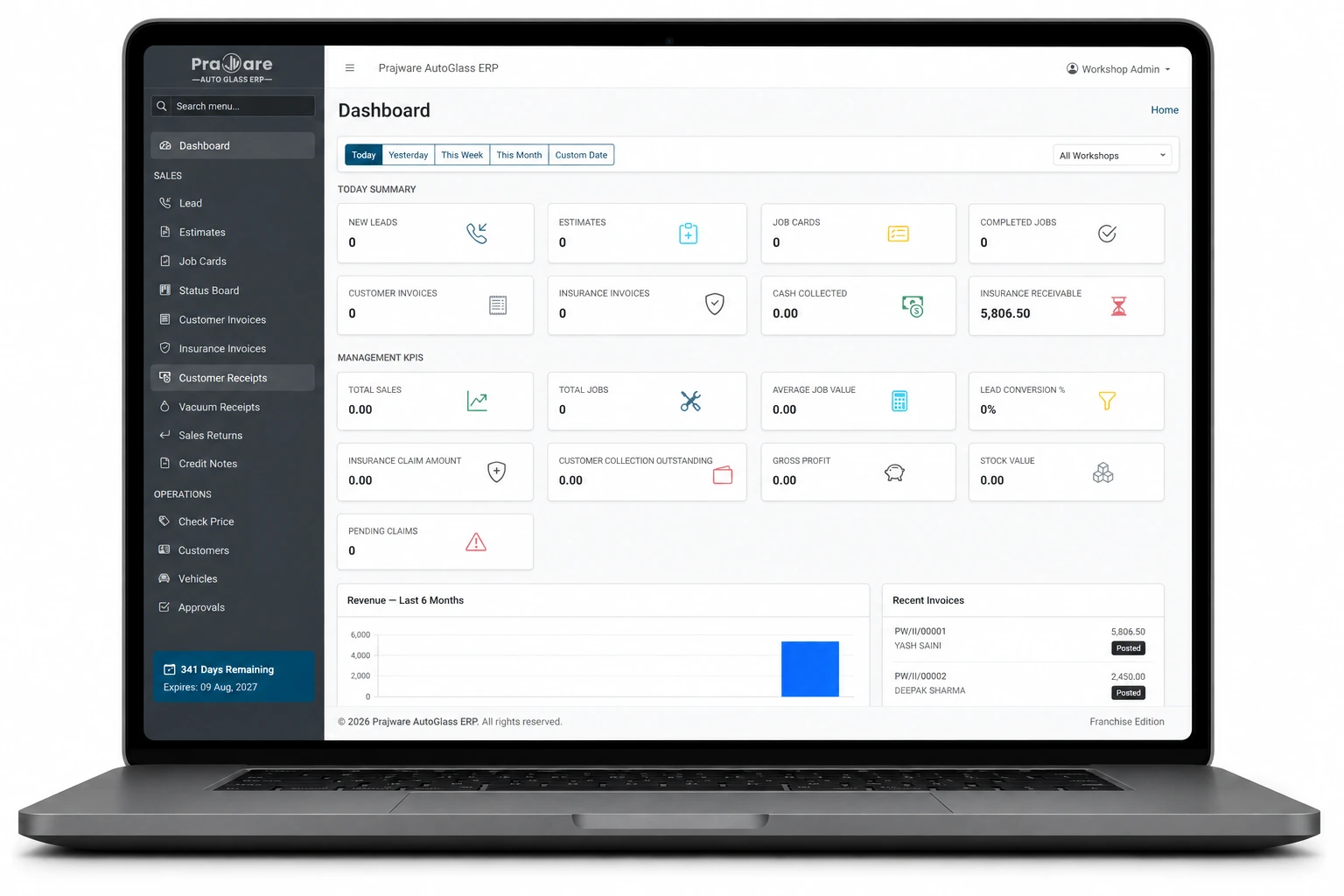 Prajware Auto Glass ERP dashboard — windshield job card and insurance billing workflow