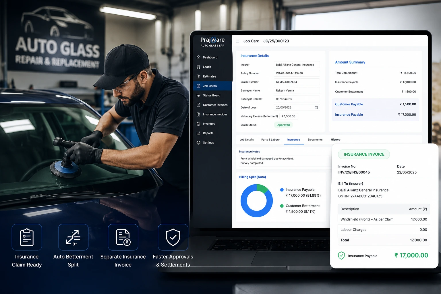 Prajware Auto Glass ERP insurance claim management screen