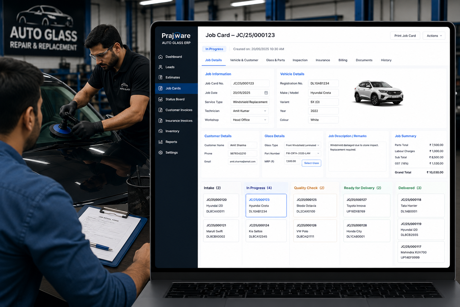 Prajware Auto Glass ERP job card board screen